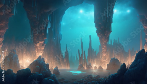 fantasy blue cave landscape with stalagmites  and stone formations created with generative ai photo