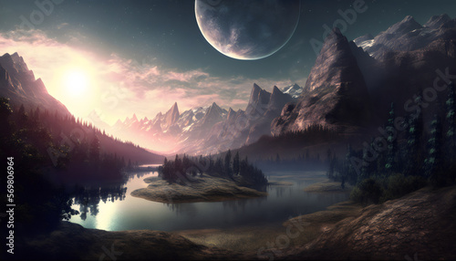 fantasy landscape with mountain range and moon created with generative ai