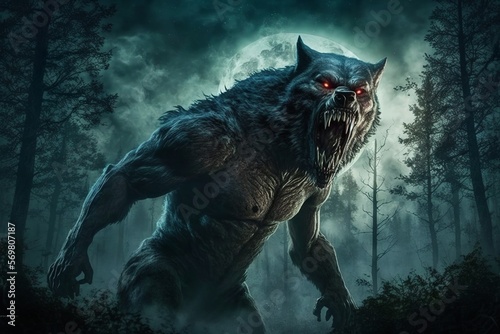 Obraz na plátně Terrifying werewolf in the forest with full moon