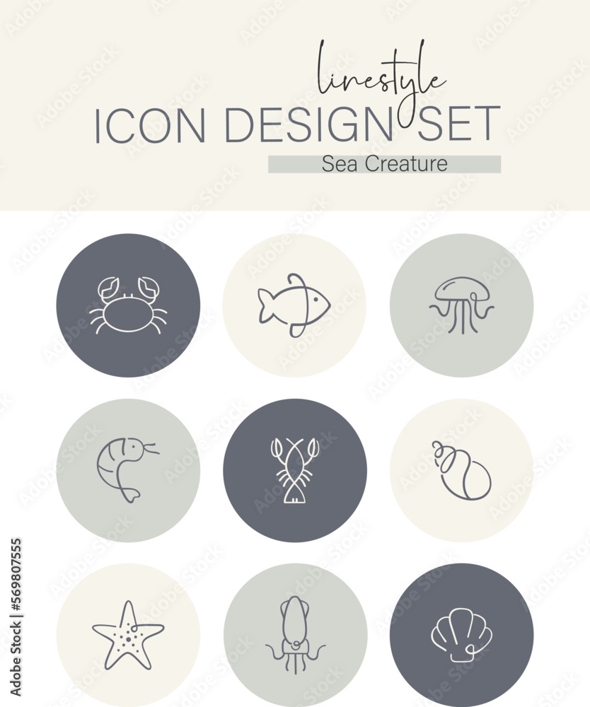 Linestyle Icon Design Set Sea Creature
