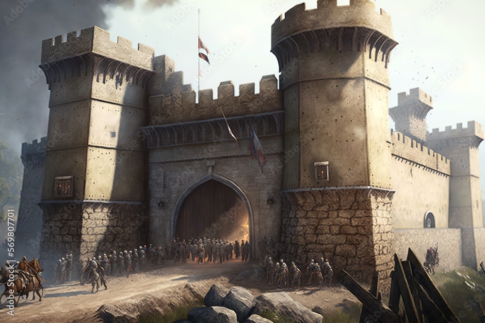 Big medieval castle with bastion, towers and gate Stock Illustration