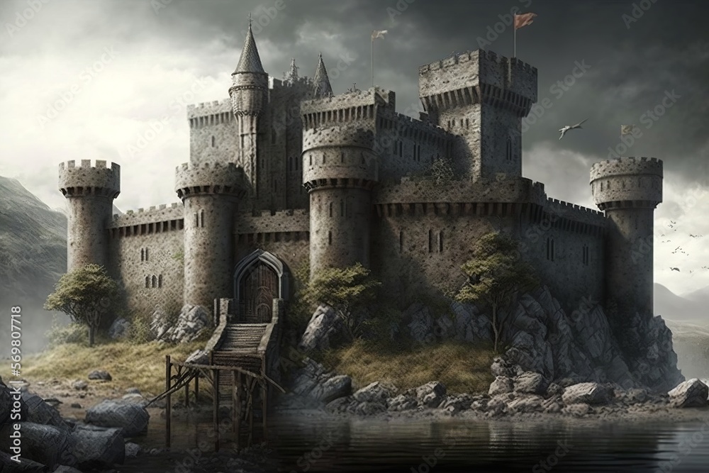 Big medieval castle with bastion, towers and gate