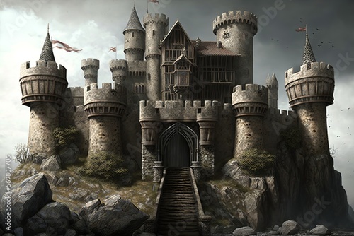 Big medieval castle with bastion, towers and gate