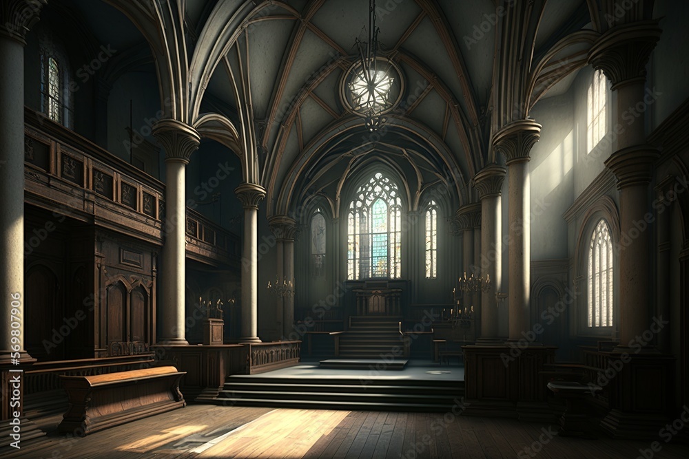 Gothic church interior with rosace and pew