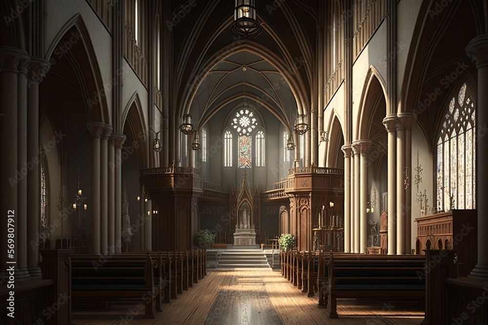 Fototapeta premium Gothic church interior with rosace and pew