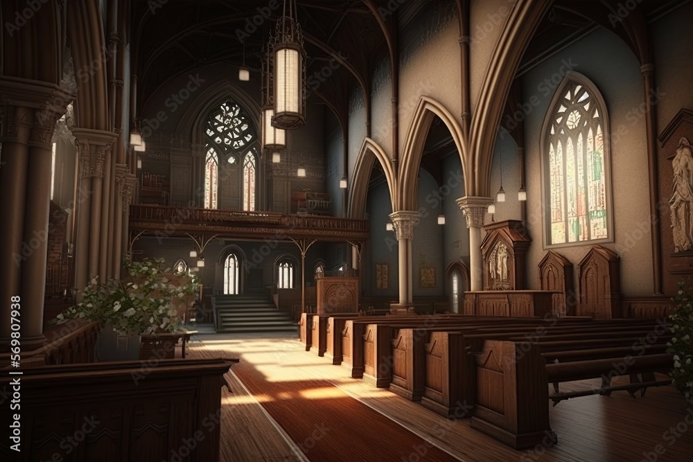 Gothic church interior with rosace and pew