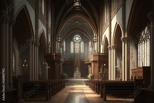 Gothic church interior with rosace and pew