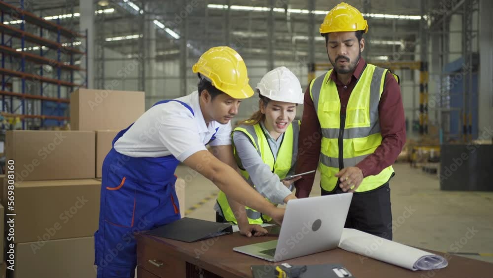 Teamwork group of Asian man worker working in large warehouse retail store industry factory. Rack of stock storage. Cargo in ecommerce and logistic concept. Depot. People lifestyle. Shipment service. Teamwork group of Asian man worker working in large warehouse retail store industry factory. Rack of stock storage. Cargo in ecommerce and logistic concept. Depot. People lifestyle. Shipment service.
