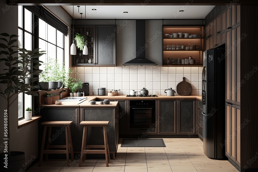 Japandi interior style kitchen with wooden cabinet Japandi interior style kitchen with wooden cabinet
