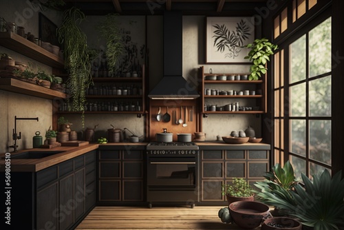 Japandi interior style kitchen with dark grey cabinet