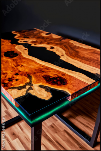 Epoxy Resin Table Made of Olive Wood on a Black Background © Esi