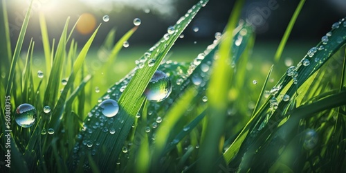 Green grass and dew drops close up. Spring field and sunshine. Generative AI