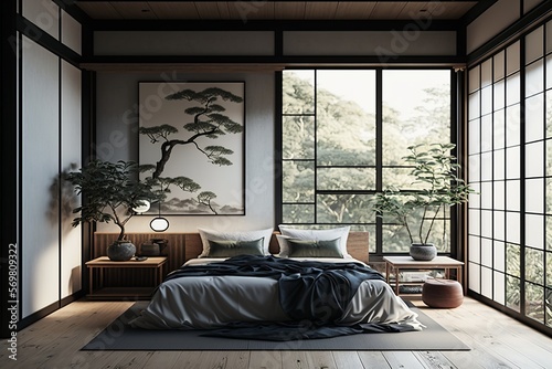 Japandi interior style bedroom with double bed and bonsai