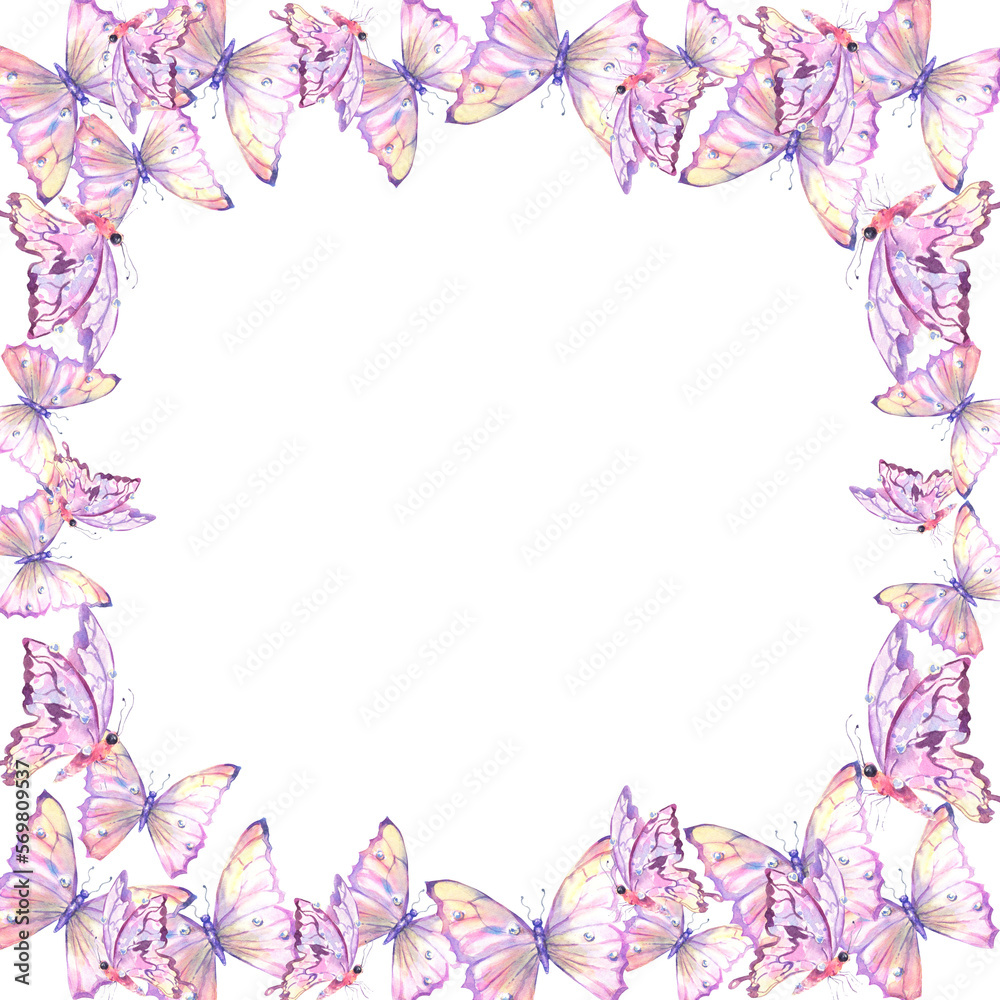 Watercolor illustration with delicate butterflies are pink, purple, flying in the stream. For the design and decoration of frames, banners, postcards, certificate. Watercolor illustration with delicate butterflies are pink, purple, flying in the stream. For the design and decoration of frames, banners, postcards, certificate.