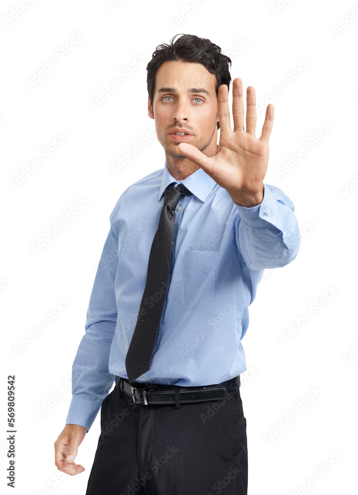 A serious young businessman showing a stop gesture and looking a the camera isolated on a png background. A serious young businessman showing a stop gesture and looking a the camera isolated on a png background.
