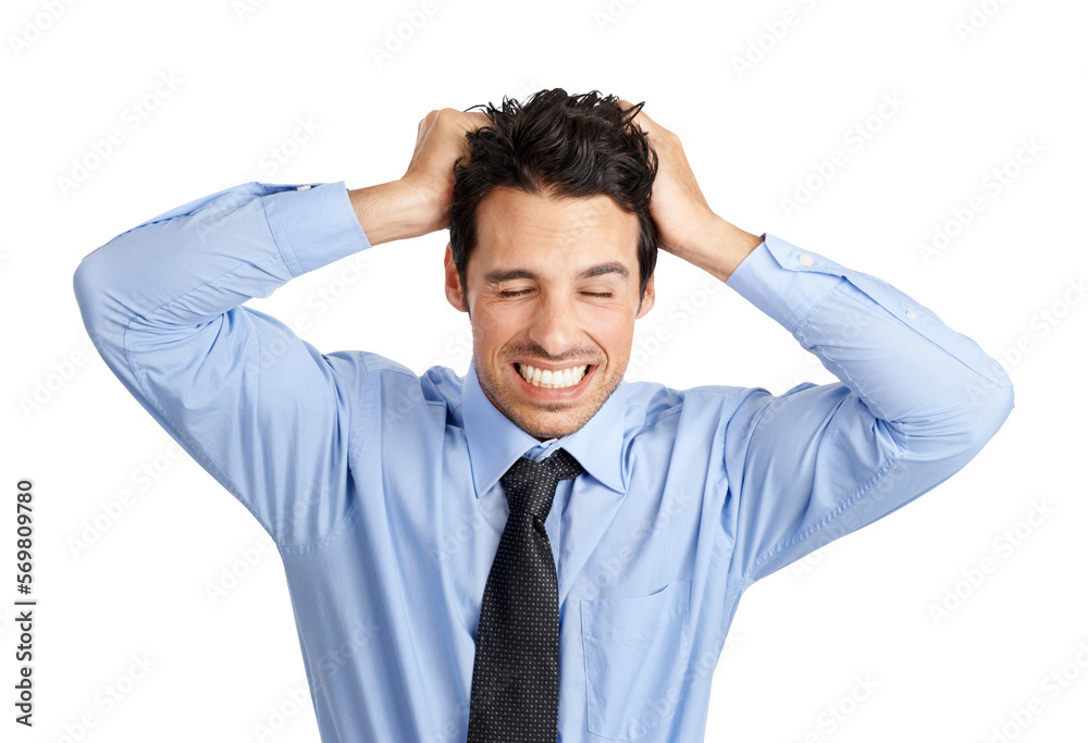 A frustrated stock broker or a customer care agent pulling his hair with hands with copy space isolated on a png background. A frustrated stock broker or a customer care agent pulling his hair with hands with copy space isolated on a png background.