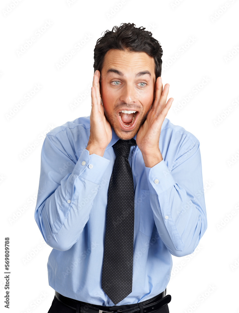 A shocked and surprised young share market investor or a stock broker excited as his jaws are open wide isolated on a PNG background. A shocked and surprised young share market investor or a stock broker excited as his jaws are open wide isolated on a PNG background.