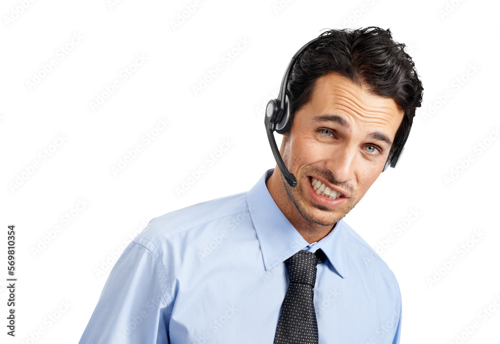 Overworked or frustrated call center representative or an agent wearing a headset talking on the phone isolated on a png background. Overworked or frustrated call center representative or an agent wearing a headset talking on the phone isolated on a png background.