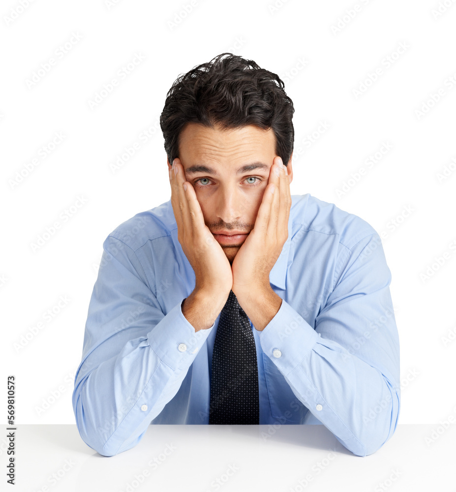 A demoralized stock investor or a stock trader leaning on a table with his head in his hands isolated on a png background. A demoralized stock investor or a stock trader leaning on a table with his head in his hands isolated on a png background.