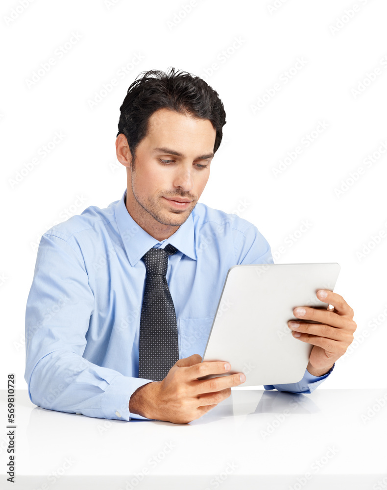 A serious handsome businessman trying to understand something by looking at the tablet screen isolated on a png background. A serious handsome businessman trying to understand something by looking at the tablet screen isolated on a png background.