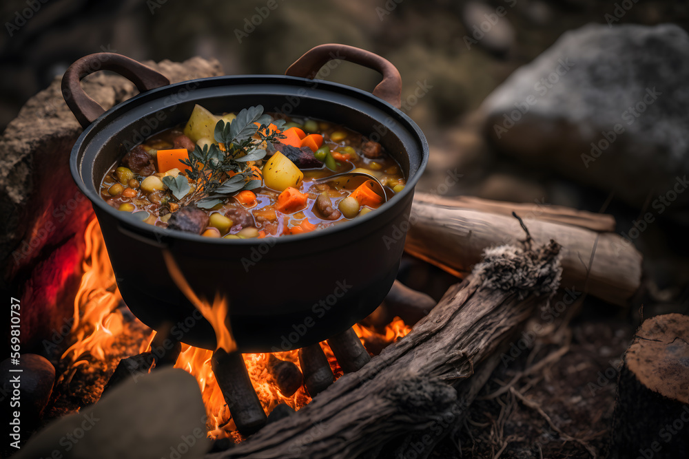 Delicious and hot hunters stew on bonfire food photography made with Generative AI Delicious and hot hunters stew on bonfire food photography made with Generative AI