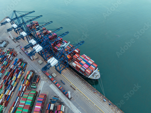 Photography Shenzhen ,China - Circa 2022: Aerial view of Yantian port in Shenzhen city, Chin
