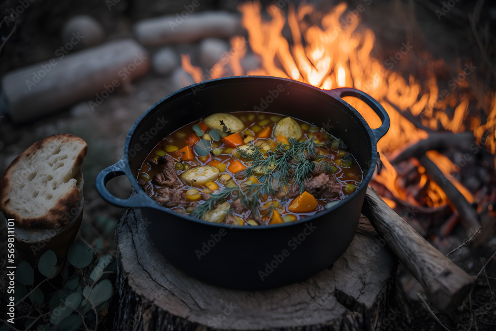 Fototapeta premium Delicious and hot hunters stew on bonfire food photography made with Generative AI