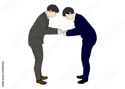 名刺交換 お辞儀しながら名刺を交換する日本人ビジネスマン 男性の全身横向きのイラスト カラー
