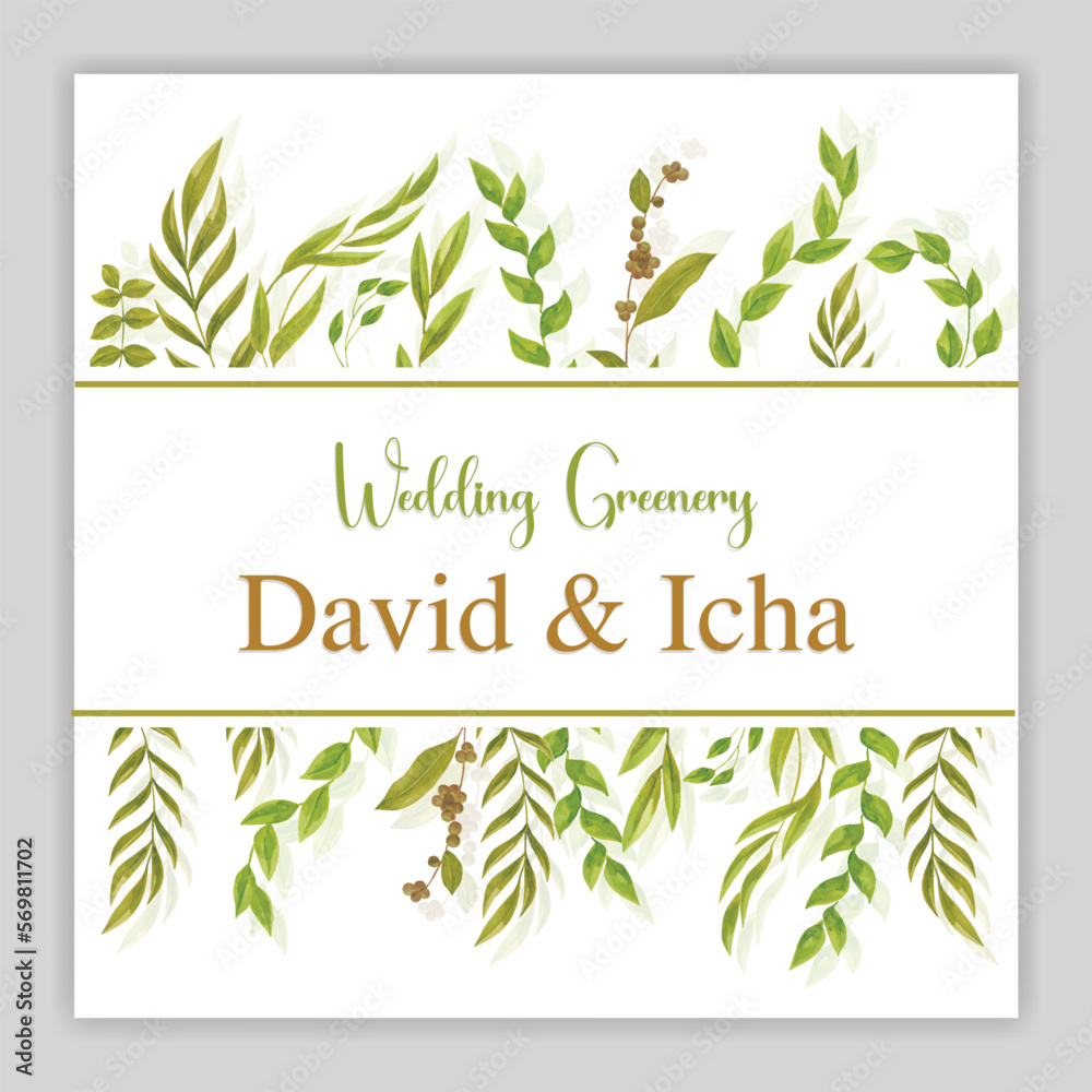 Wedding greenery frame. Green leaves. Save the date floral arrangements. Forest foliage. Fern. Design template greeting card. watercolor vector illustration