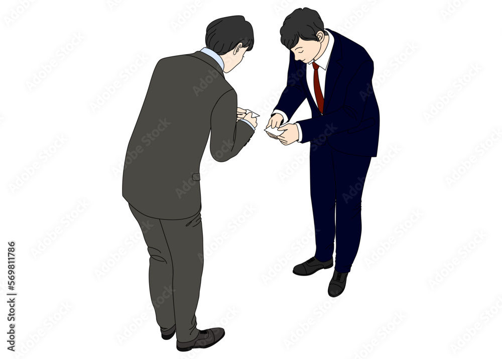 名刺交換するビジネスマンのイラスト 斜め上から見たビジネスマナーの場面