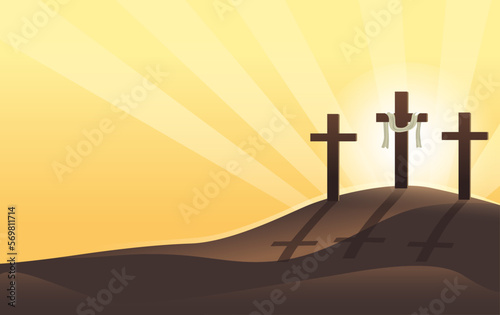 Three crosses in a hill sunset