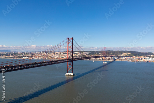 Landscape of the April 25 bridge between Almada and Lisbon - Portugal