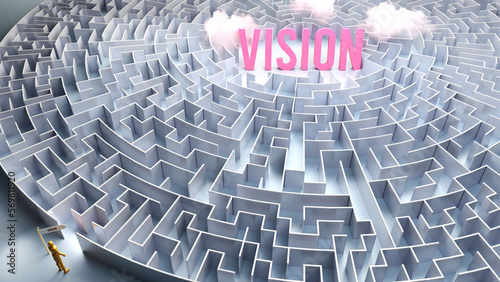 A journey to find Vision - going through a confusing maze of obstacles and difficulties to finally reach vision. A long and challenging path,3d illustration