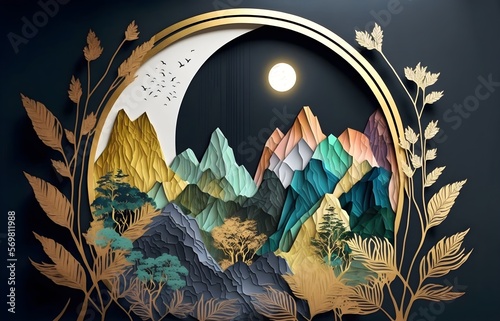 3d modern art mural wallpaper with Drawing modern Landscape art. leaves tree, golden lines, dark green sun and mountain, colorful marble background