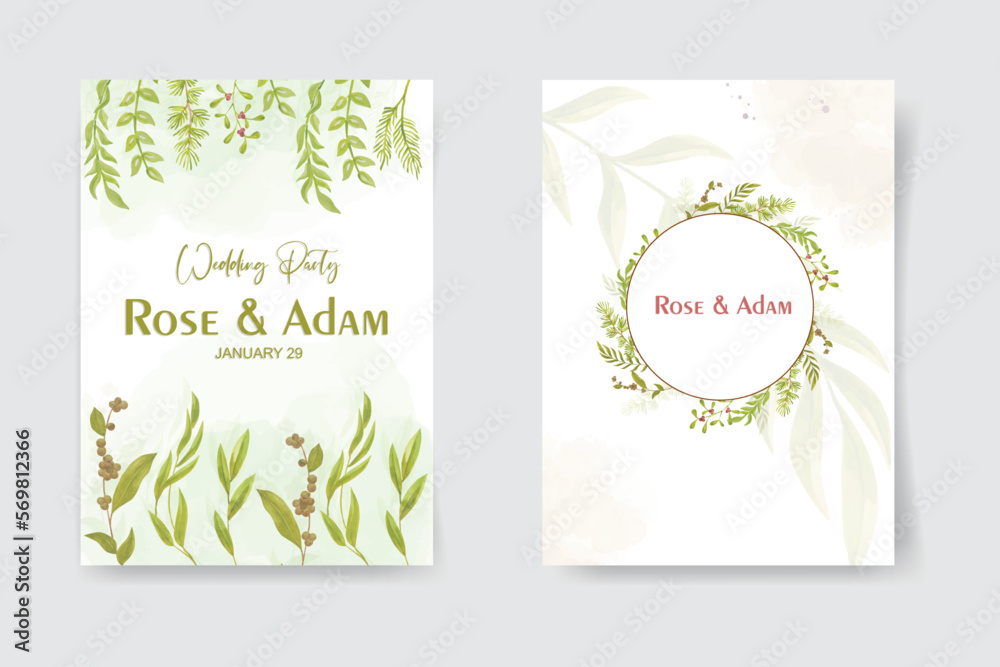 s, poster design. Green leaves, fern bouquet, frame, white background.  Romantic floral arrangements. Invitation template.watercolor vector illustration