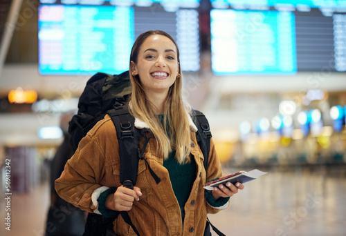 Airport, travel and portrait of woman with passport, flight ticket or information of immigration, journey and backpack. Young person, identity document and international registration. faq or about us photo
