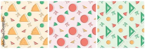 Set of Pi Day Seamless Pattern Design with Mathematical Constants or Baked Pie in Template Hand Drawn Cartoon Flat Illustration