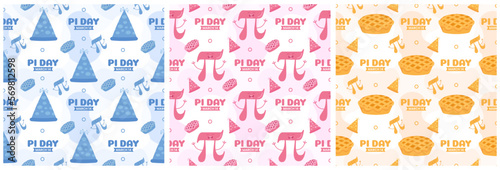 Set of Pi Day Seamless Pattern Design with Mathematical Constants or Baked Pie in Template Hand Drawn Cartoon Flat Illustration