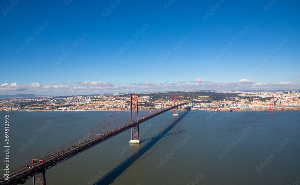 Landscape of the April 25 bridge over the Tagus river near Lisbon city - Portugal