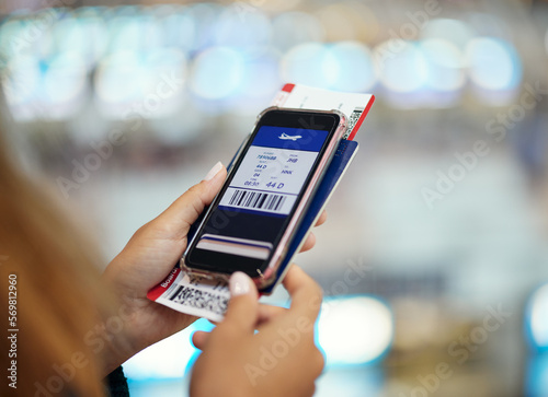 Hands, phone travel and flight ticket app for vacation, holiday or international traveling. Technology, mobile and woman with smartphone with software for airline boarding pass or permit at airport.