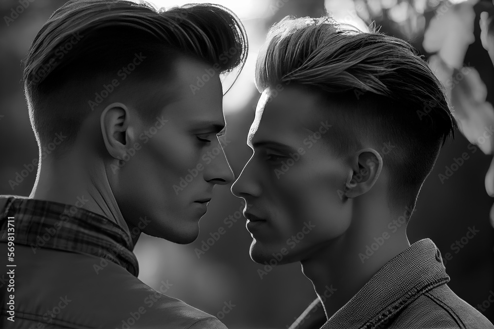 Portrait of Handsome young gay couple standing in park staring at each other's eyes. Concept of same sex love, equality and LGBT rights. Generative AI Portrait of Handsome young gay couple standing in park staring at each other's eyes. Concept of same sex love, equality and LGBT rights. Generative AI