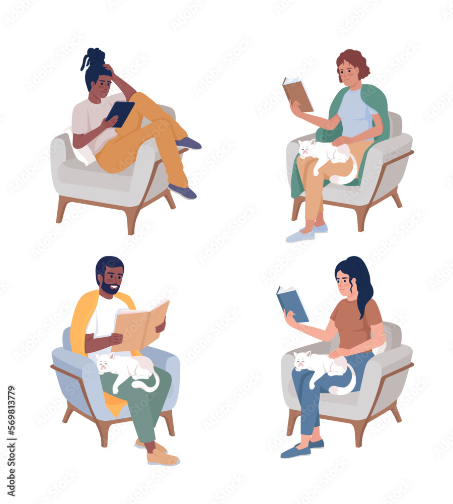 Resting in armchair semi flat color vector characters set. Editable figures. Full body people relaxing on white. Simple cartoon style illustration collection for web graphic design and animation