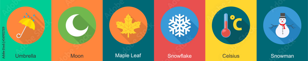 A set of 6 Weather icons as umbrella, moon, maple leaf A set of 6 Weather icons as umbrella, moon, maple leaf