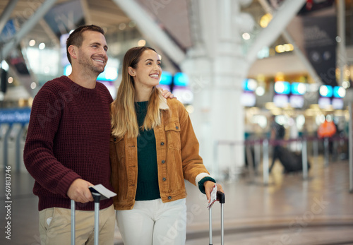 Couple at airport, travel together and holiday overseas with adventure, love and romantic getaway with happy people. Man, woman and luggage, ready to board airplane for flight, trip with mockup space