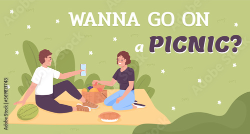 Wanna go on picnic flat vector banner template. Romantic date. Resting in park with best friend poster, leaflet printable color designs. Editable flyer page with text space. Pridi, Lemon fonts used