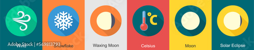 A set of 6 Weather icons as wind, snowflake, waxing moon