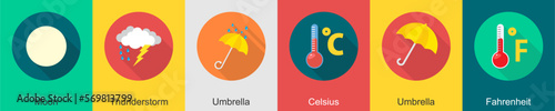 A set of 6 Weather icons as moon, thunderstorm, umbrella