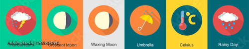 A set of 6 Weather icons as thunderstorm, crescent moon, waxing moon