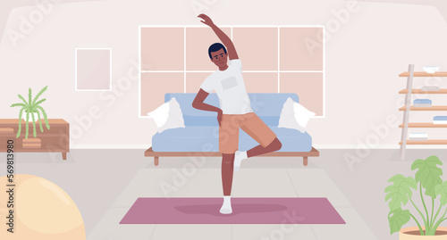 Exercising after waking up flat color vector illustration. Young man stretching arm and standing on yoga mat. Fully editable 2D simple cartoon character with cozy living room interior on background