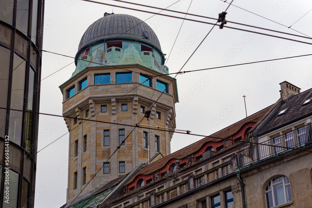 Old observatory tower at Bahnhofstrasse at City of Zürich on a gray winter day. Photo taken February 8th, 2023, Zurich, Switzerland.